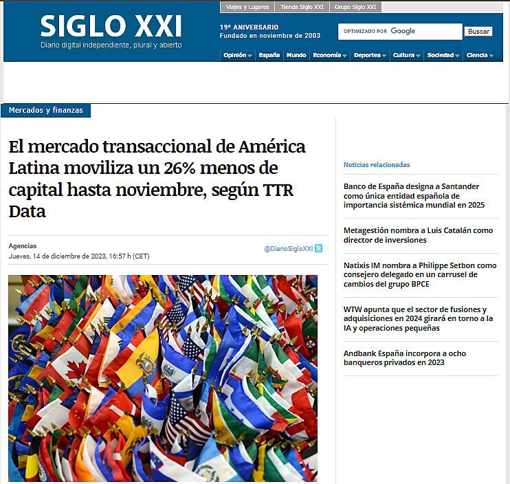 El mercado transaccional de Amrica Latina moviliza un 26% menos de capital hasta noviembre, segn TTR Data